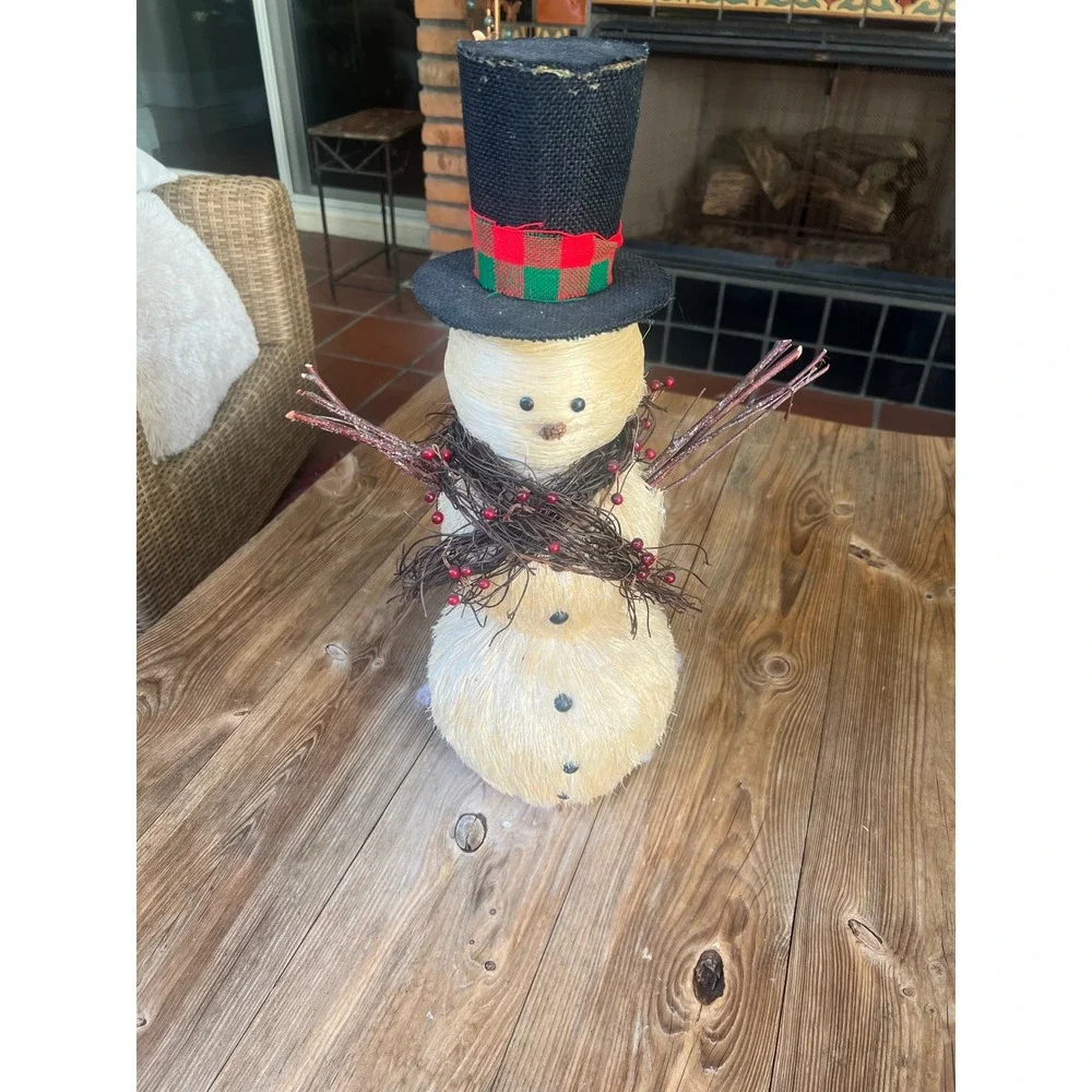 Rustic Sisal Snowman Figurine 24 Inch Christmas Decor Twig Arms Burlap Top Hat
